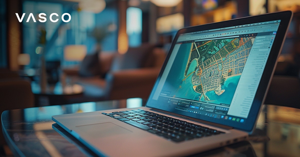 Laptop megnyitott Dubai térképpel, amelyen a Vasco segítségével tervezzük meg az utazást