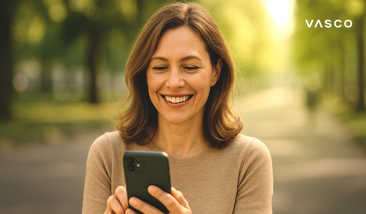 Egy mosolygós nő a telefonját nézi, miközben egy fákkal szegélyezett ösvényen áll egy parkban.