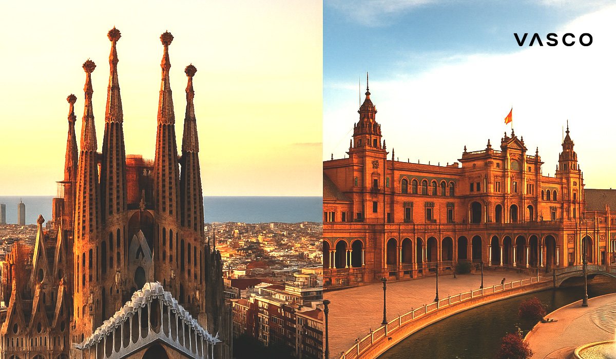 Kettős kép, amelyen bal oldalon a barcelonai Sagrada Família, jobb oldalon pedig a sevillai Plaza de España látható, kiemelve Katalónia és Andalúzia építészeti ellentéteit.