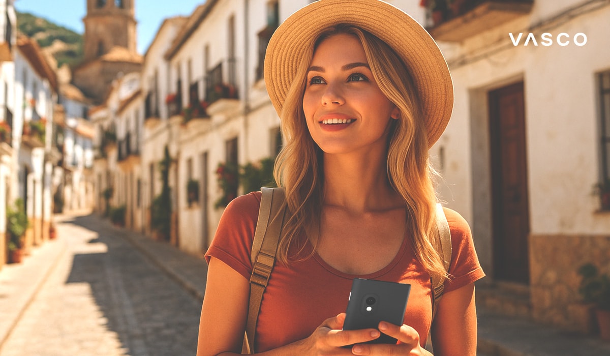 Mosolygós turista nő sétál egy keskeny, fehér épületekkel teli spanyol utcán, kezében fordítóeszközzel, szalmakalapot és hátizsákot viselve.