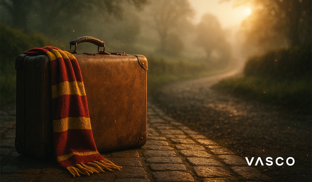 Régi bőrönd Gryffindor sállal egy macskaköves úton napkeltekor.