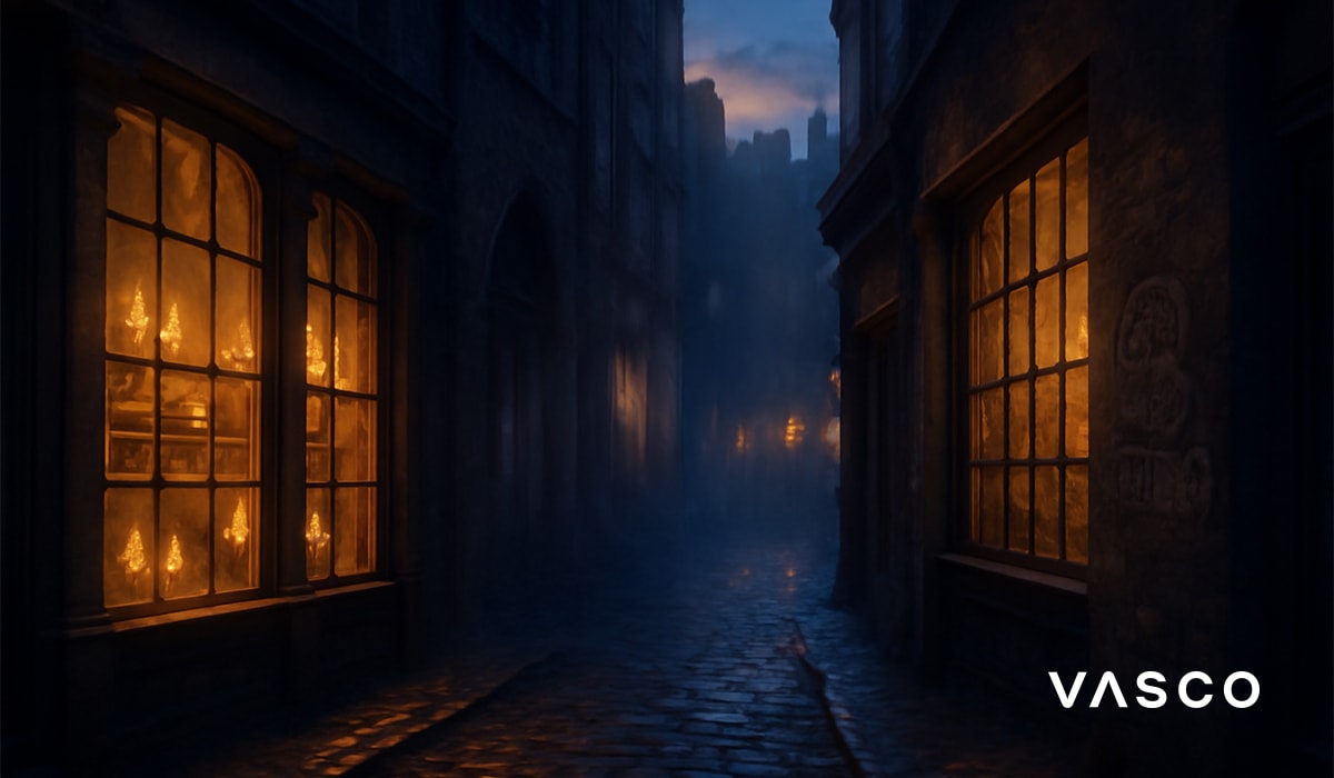 Keskeny utca megvilágított kirakatokkal, amely a Diagon Alley-re emlékeztet.