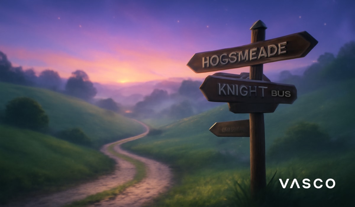 Fából készült útjelző tábla egy vidéki úton, amely Hogsmeade és a Knight Bus felé mutat.