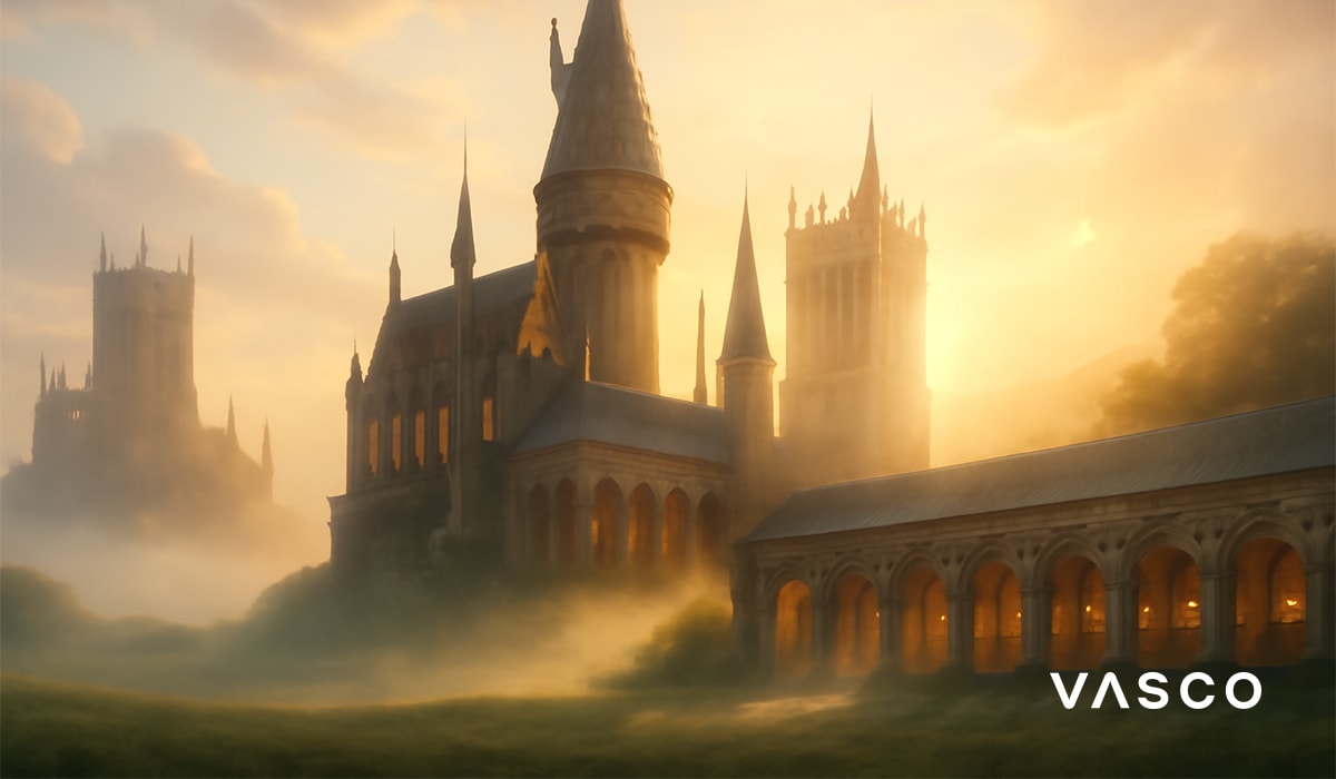 Hogwarts stílusú kastély hajnalban, köd és arany fény veszi körül.
