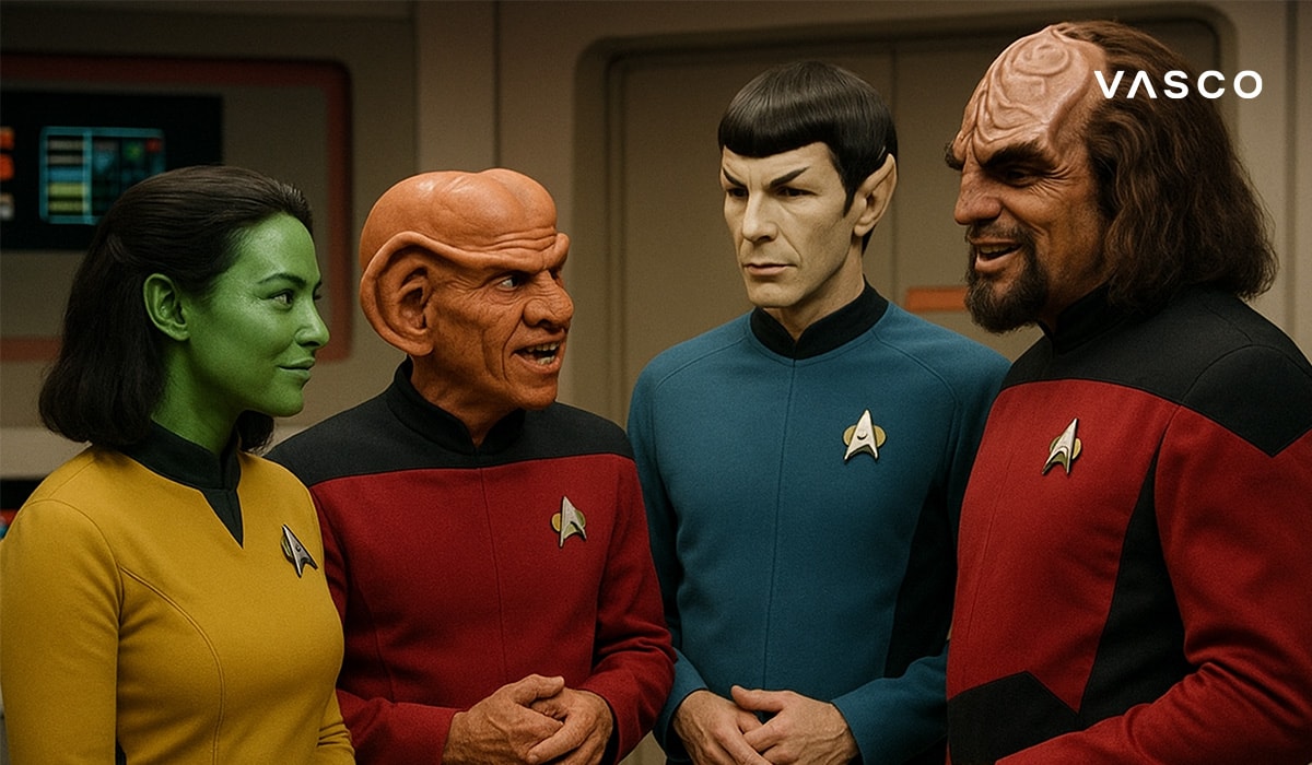 Csillagflotta legénység színes egyenruhákban