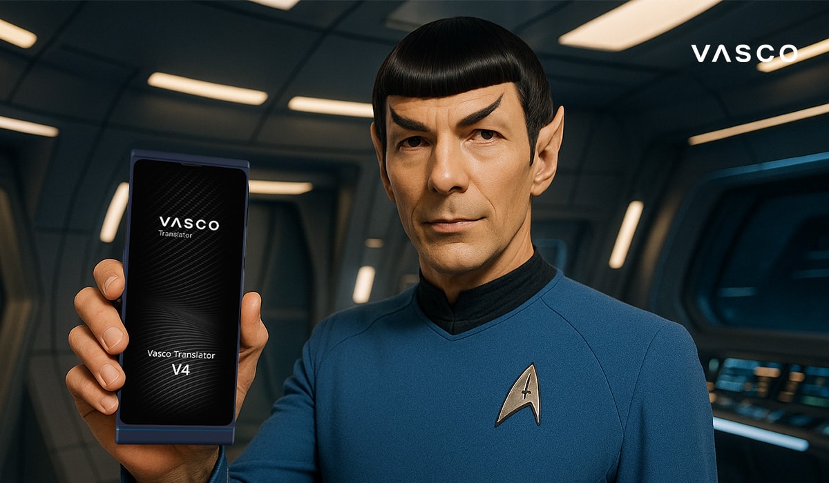 Kék egyenruhás tiszt Vasco Translator V4 fordítót tart a kezében