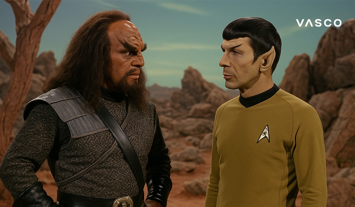 Két tiszt beszélget egy sziklás bolygón