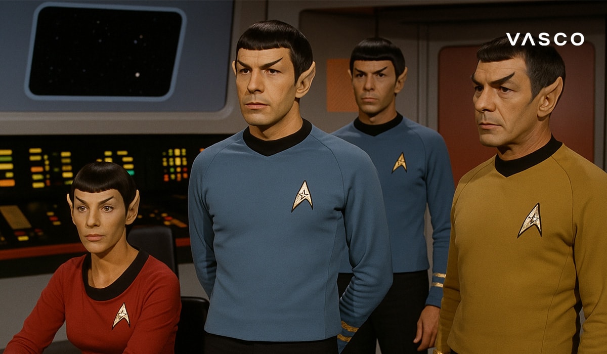 Kék és arany egyenruhás tisztek a hídon