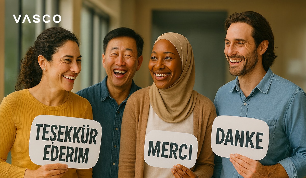 da3844b1-96d4-4e46-a1a3-6ae7a9b676bc Különböző kultúrákból származó emberek csoportja köszönöm táblákkal