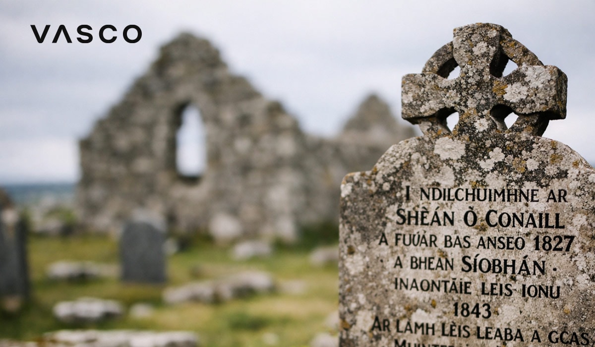 Kelta temető felirattal háttérben kőromokkal