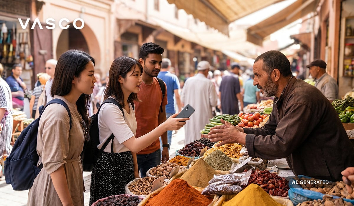 Turisták, akik Vasco fordítógépet használnak, miközben egy helyi piaci árussal beszélgetnek