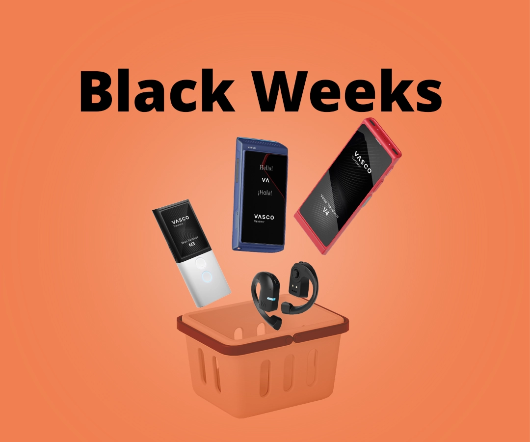 Vasco V4, Q1, M3 és E1 fordítók narancssárga háttér előtt egy bevásárlókosárba esnek. A háttérben a „Black Weeks” felirat látható.