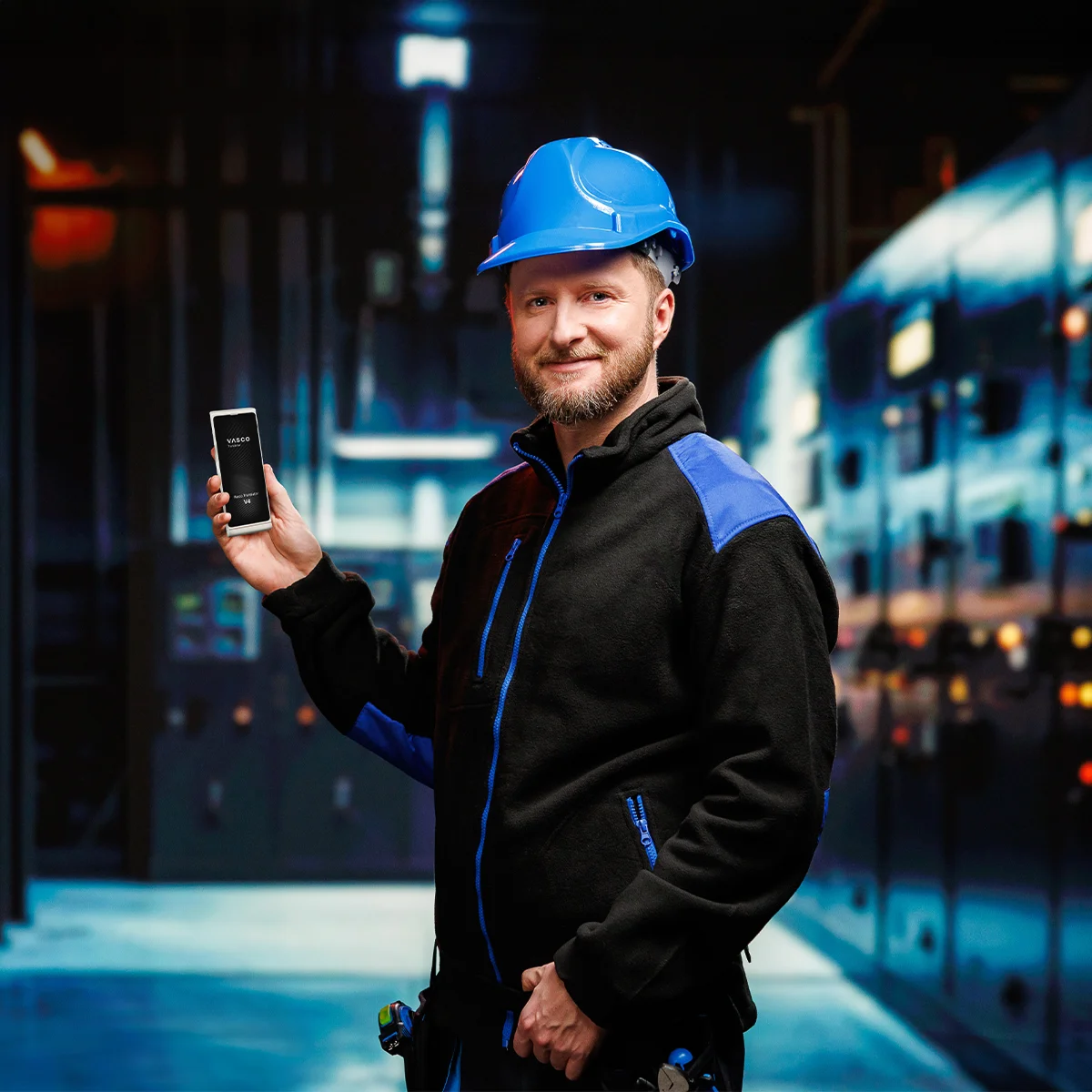 Mosolygós, kék sisakos, munkaruhás férfi, kezében Vasco Translator V4-gyel, a háttérben különféle gépek láthatók.