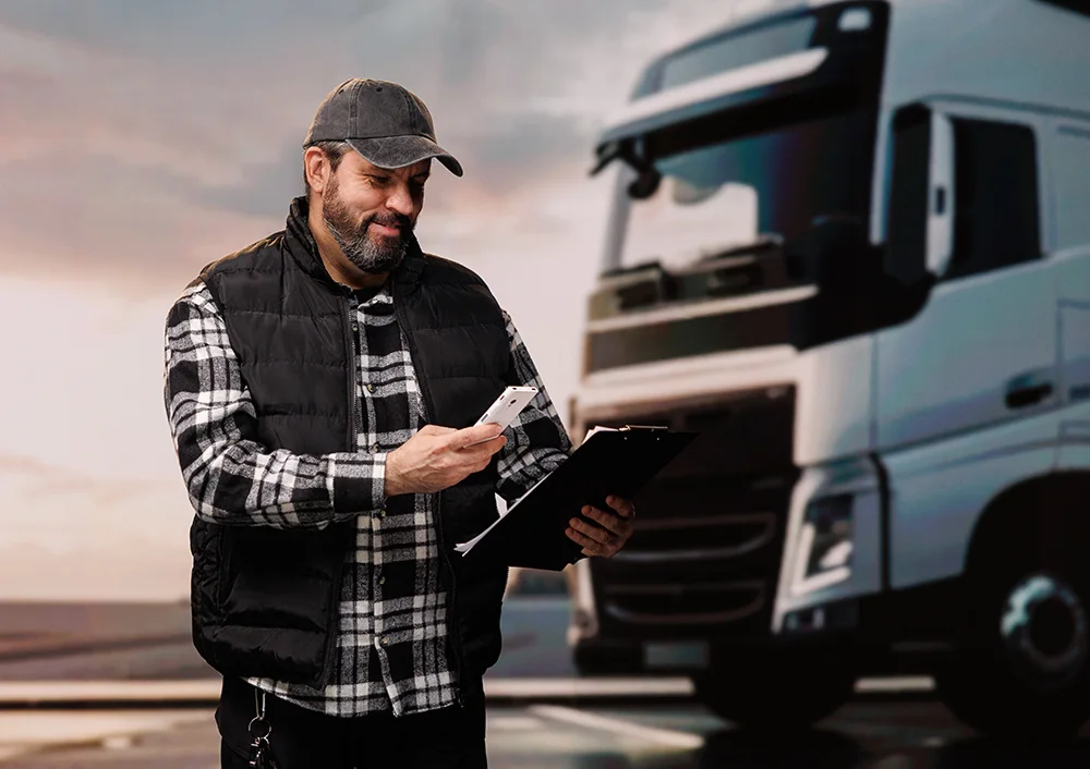 Férfi munkásruhában, kék sisakkal, mosolyogva, egy Vasco Translator V4-et tartva, mögötte különböző gépek láthatók.